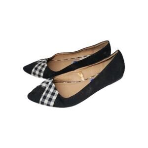 black ballet flats W/ white plaid toe Sz 8.5 Slip On Pointed Toe Suede ROSS